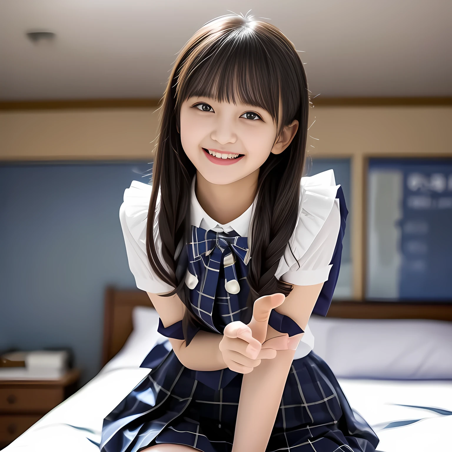 One girl, Happy, Smiling, (Super Time: 1.2), ((School uniform: 1.2)), Raw photo, (Photorealistic: 1.37, Real), high-definition CG integrated 8K wallpaper, Looking at the viewer, ((( Front view) ))), (HQ Skin:1.8, Glossy skin), 8K UHD, Digital SLR, Soft lighting, High quality, Film grain, FUJI XT3, ((Whole body)), (Professional Lighting: 1.6), White socks, Feet with socks, ((Sheer underwear)), Open legs, 
white panty