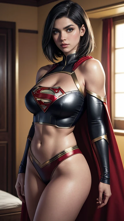 (best quality,4k,8k,highres,masterpiece:1.2),ultra-detailed,(realistic,photorealistic,photo-realistic:1.37), vivid colors, bokeh, HDR, studio lighting, extreme detail description, physically-based rendering, ultra-fine painting, sharp focus, professional, portraits, sexy supergirl, beautiful detailed eyes, beautiful detailed lips, green eyes, shoulder length  black hair, black and silver outfit, red cape with a midriff, , UHD 8K