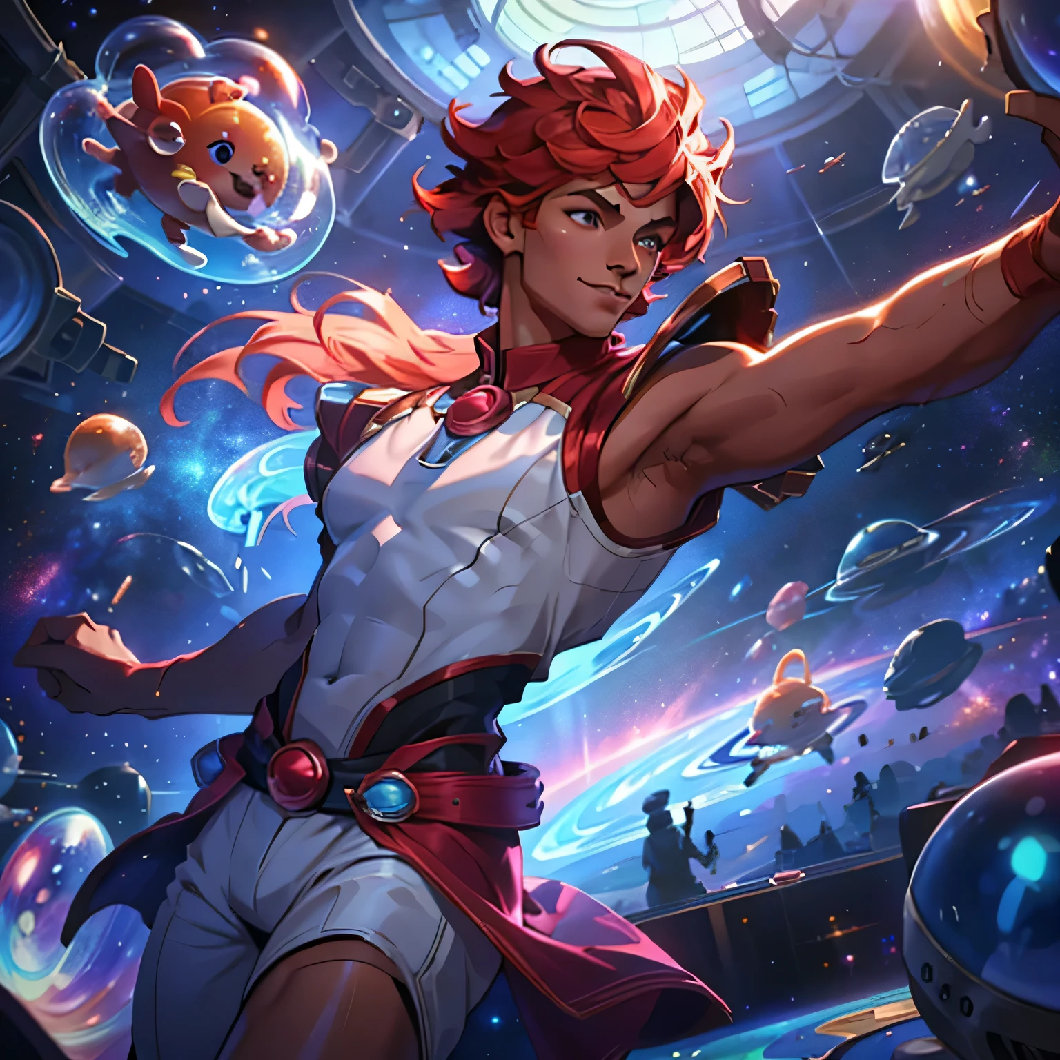 splas art a 20 year old man, tanned skin, curly red hair, incredibly cute beauty, perfect big body, he is wearing space disco clothes, space groove, he is dancing, space disco, crazy bubbles in a stadium 4k hd image dynamic pose dancing happy, audience watching people behind