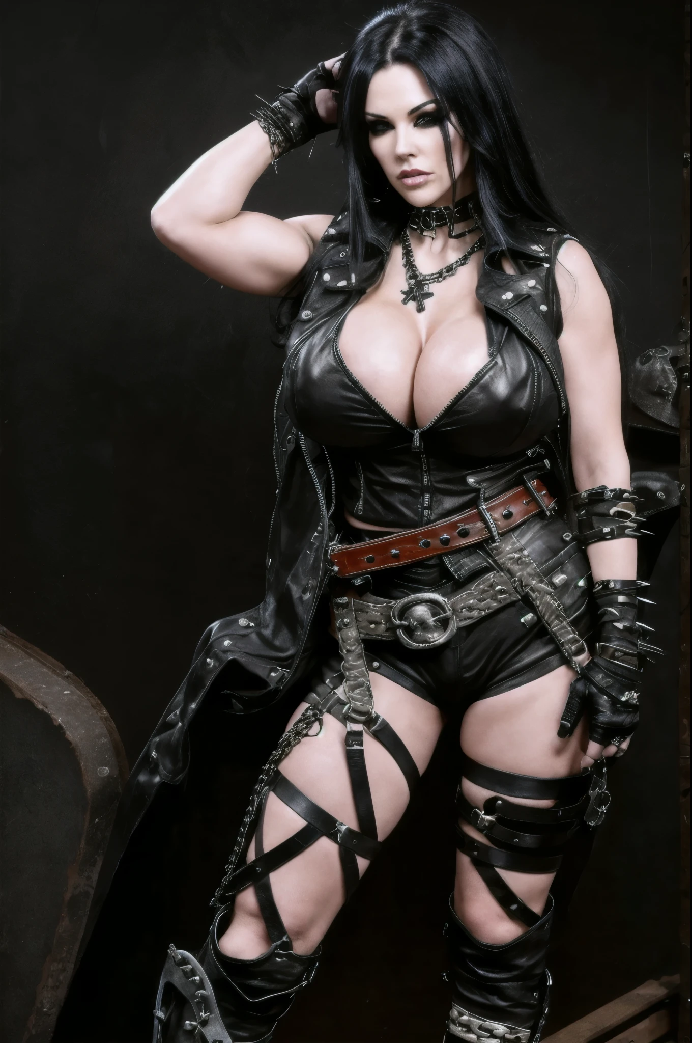 lbo {female version}, pale skin, long black hair, big tits, big ass, face paint, leather vest, fingerless gloves, chains, skulls, belt, leather pants, knee pads, iron cross necklace, buckle, spikes, boots, shirt ((bimbostyle))