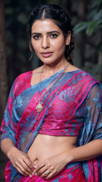 night scene, extreme closeup photo of naked samantha ruth prabhu with blue eyes, meditating in forest, hourglass figure, swooping breasts, showing deep cleavage, french braid hair, necklace, sexy see through bra and saree, pink flower, sultry, look at viewer lusciously, (cinematic:1.3), intricate details, (ArtStation:1.2)