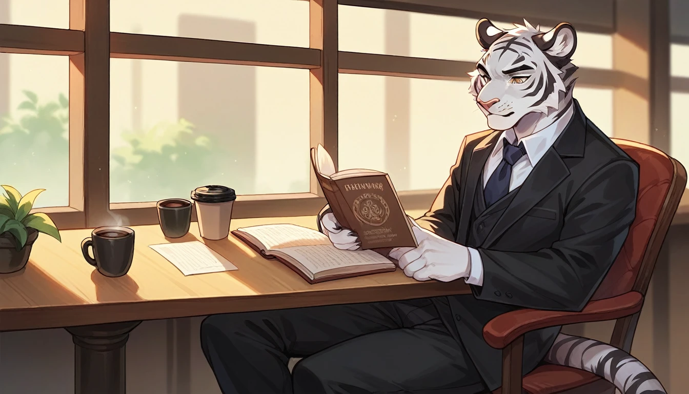  Detailed artistic portrait, of an anthromorphic adult tiger, Alone, wearing black suit, sitting on a chair, READING A BOOK, in a coffee shop, tables, chairs, liqueurs, in the background.