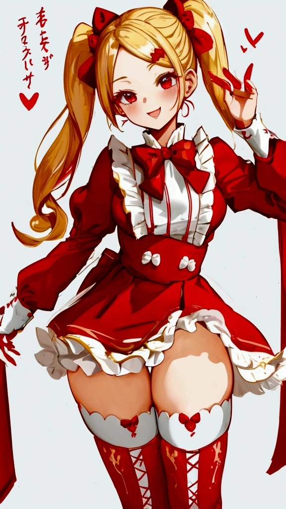 1 girl, A young anime-style character with blonde hair tied in two pigtails and red eyes. She wears a red dress with ruffles and a bow as decoration., as well as thigh-high stockings. The character has a happy and friendly expression, and the background shows a bright blue sky with white fluffy clouds. The overall tone of the image conveys a whimsical and joyful atmosphere.. 