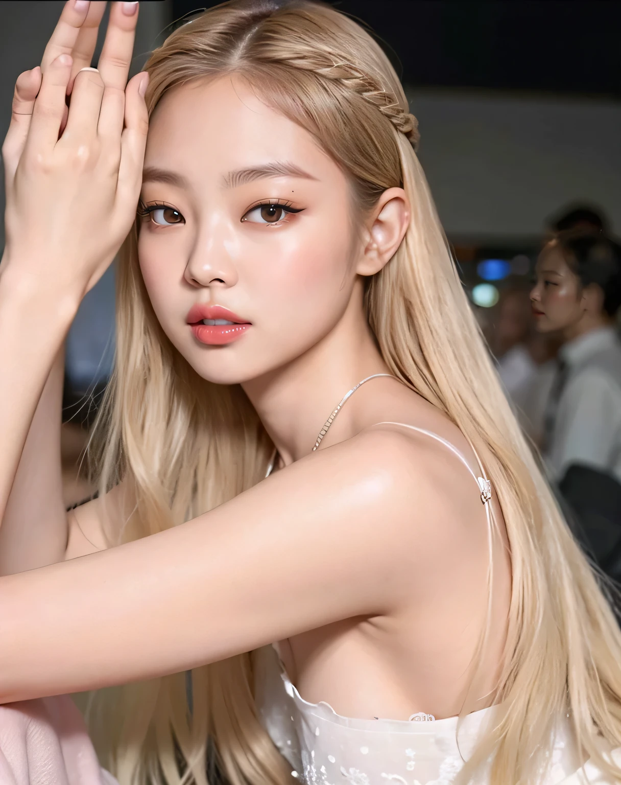 black pink jennie, almond eyes, full lips, large and voluptuous breasts . flirtatious look