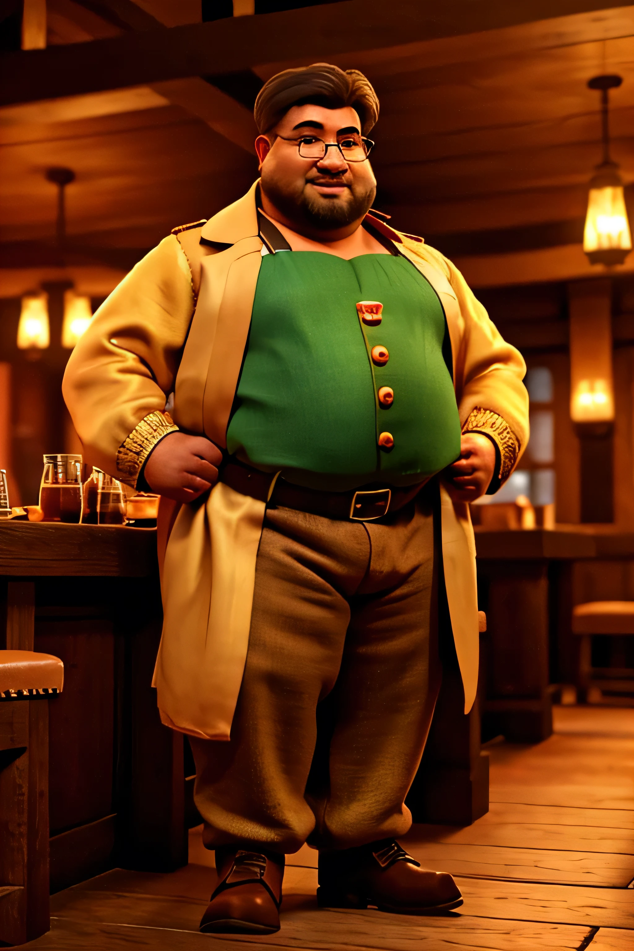 (8K. hyper-realistic, high definition, masterpiece) A tall but obese bard, Handsome fuzzy Asian daddy,, long-legged minstrel, plump-faced, buffed, wearing an green buttoned shirt and a long orange silk trench coat, wearing brown medieval trousers, wearing a thick opulent golden sash, big bulging crotch, long brown hair, smiling, wearing round rimmed glasses, inside a tavern, evening, blurred background.