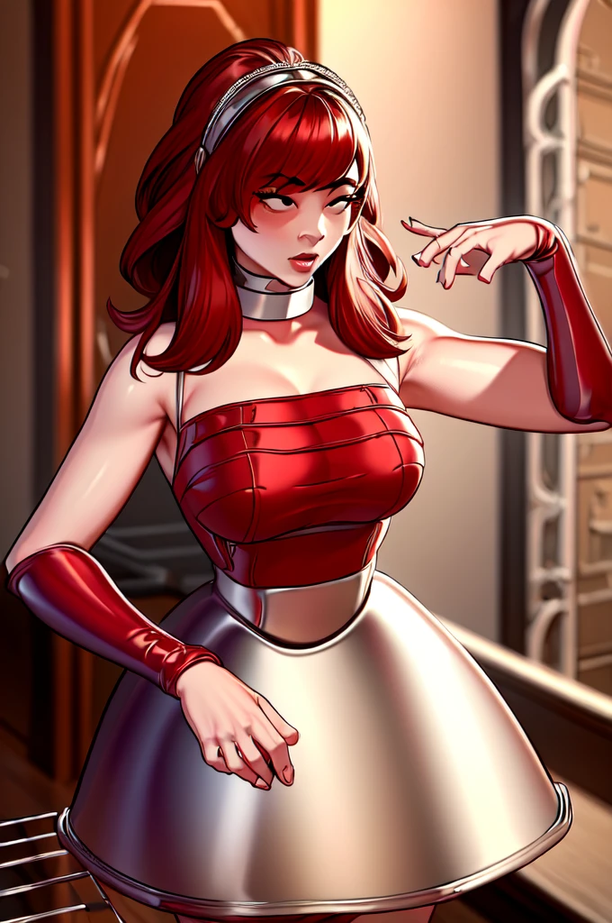 Highly detailed, High Quality, Masterpiece, solo, Girlfriend, red dress, 