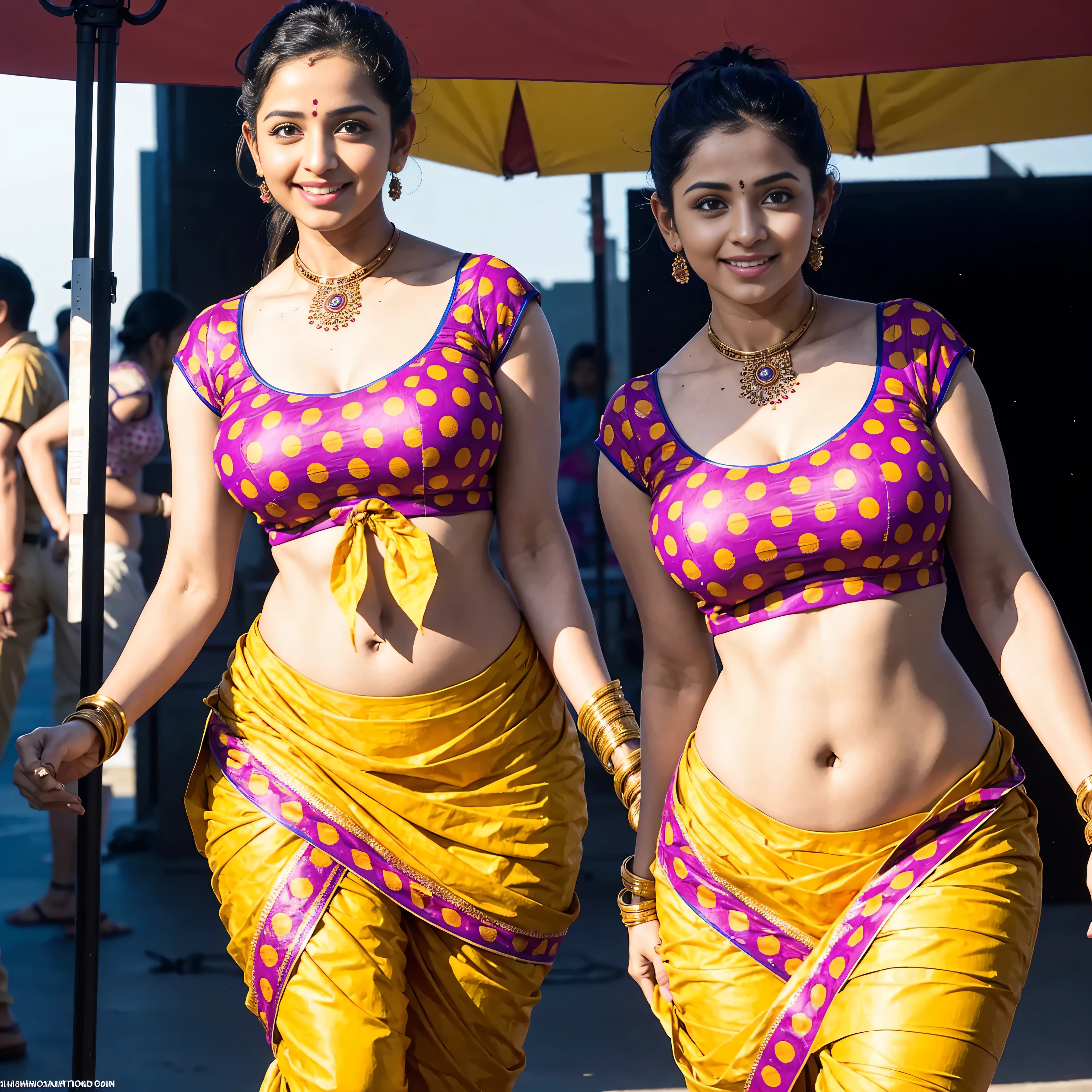 HD wallpaper 32k cinematic shoot of a Beautiful cute Indian girl, with thick thighs and a curvy waist, wearing an Indian blouse top, standing in a market
