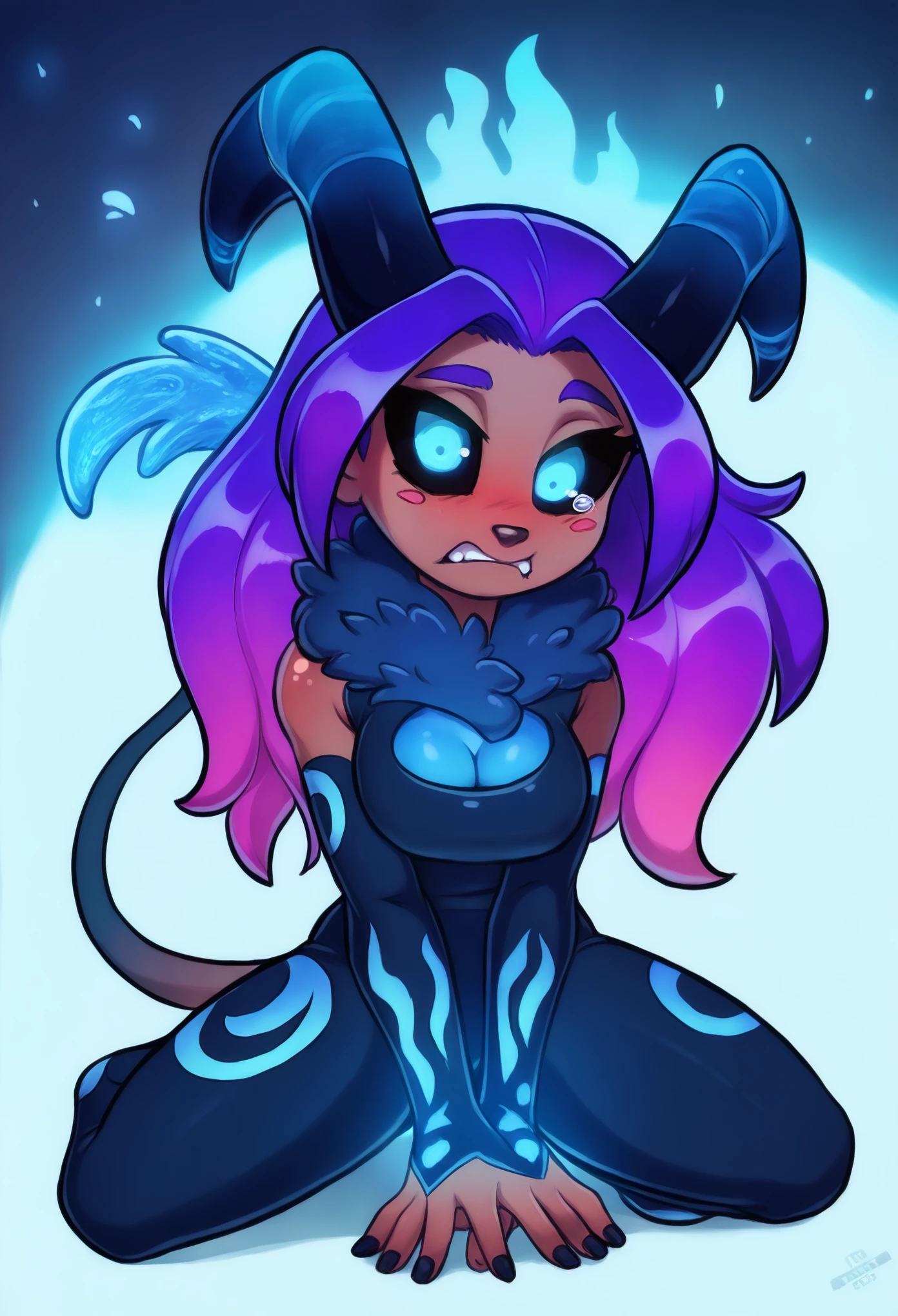 A woman with dark chocolate brown skin and twin tails of vibrant pink hair. She has heterochromia, with one eye blazing orange and the other void purple.  Resting on her forehead are white lab goggles. She has dark, curved metallic horns on her forehead resembling those of Houndoom. A sleek, dark tail with a flame or bone-like pattern extends from her lower back. Her hands feature subtle claws with blackened sharp nails, and her teeth are slightly sharpened with visible canine fangs. Her eyes or horns emit a faint, eerie glow, enhancing her supernatural, menacing presence. Icy blue eyes, black sclera, detailed face, extremely detailed eyes, masterpiece, 4k, 8k, high-res, ultra-detailed, physically-based rendering, vivid colors, studio lighting cinematic lighting, dramatic lighting, dramatic composition, dynamic pose, volumetric lighting, chinese clothes, cleavage cutout, ofuda, cleavage, blush stickers, bags under eyes, Nice ass, B-cups, Cute breasts, shapely figure, fur collar, cloud-like fur around neck, wrapped fur around neck, snug fit, soft fur, Blue fluffy fur, glowing runes, ethereal runes, rune-covered body, magical leaves, floating leaves, glowing leaves, magical aura, enchanted markings, nature magic, scared expression, glowing eyes, freckles, Full Body