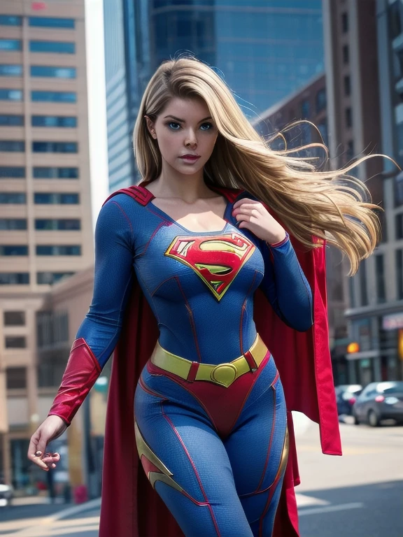 1sexy gorgeous girl, L3x1Dr3w_HM-135, wearing torn supergirl costume, flying, firm body, blondie hair, shining blue eyes, sultry posing, younger, baby face. (gigantic breasts, Deep cleavage:1.2), cityscape