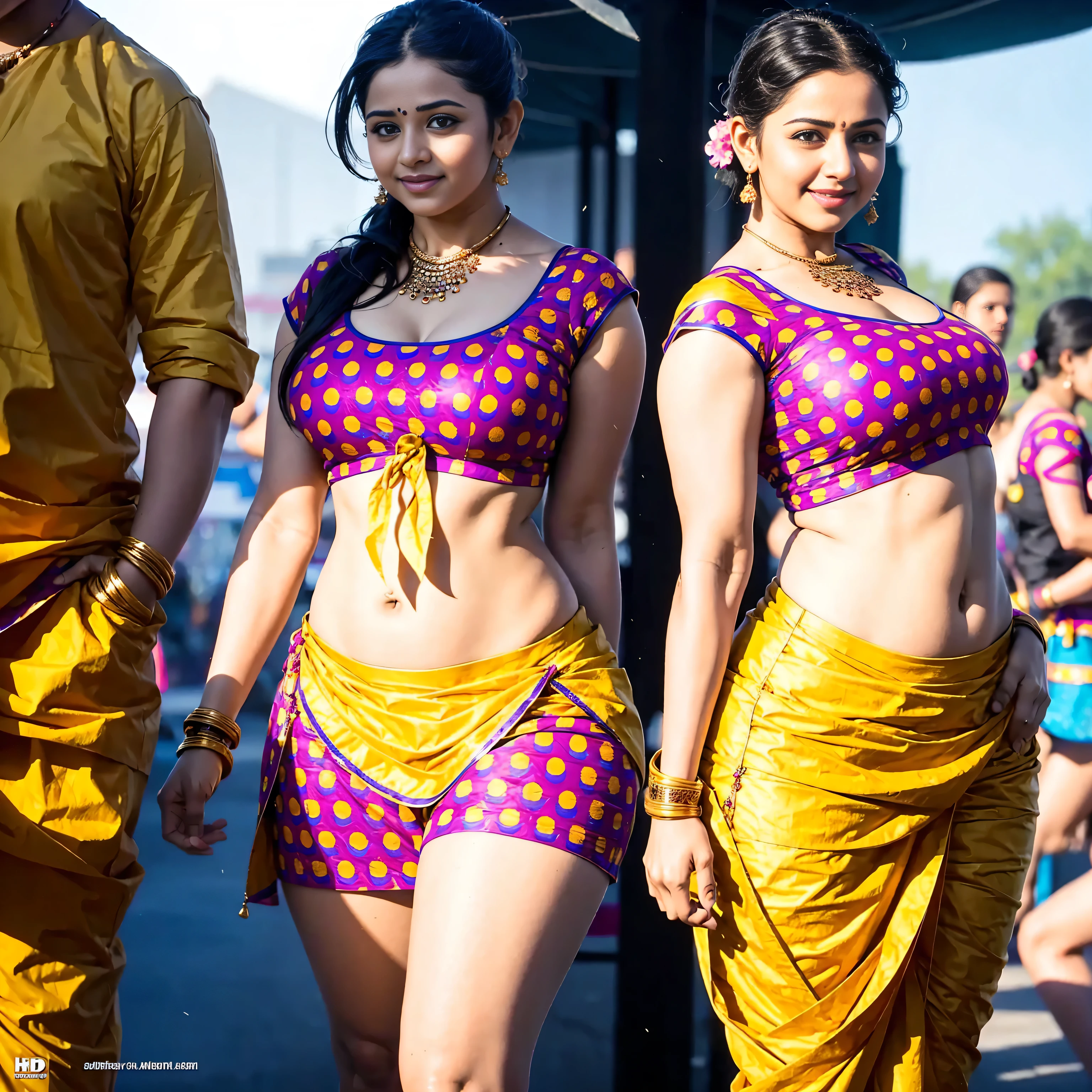 HD wallpaper 32k cinematic shoot of a Beautiful cute Indian girl, with thick thighs and a curvy waist, wearing an Indian blouse top, standing in a market