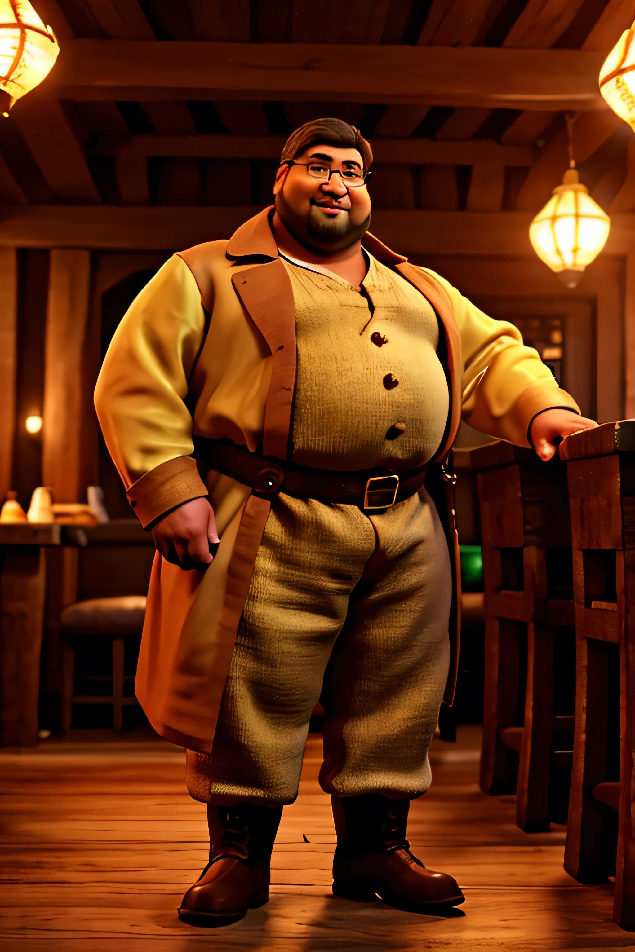 (8K. hyper-realistic, high definition, masterpiece) A tall but obese bard, Handsome fuzzy Asian daddy,, long-legged minstrel, plump-faced, buffed, wearing an green buttoned shirt and a long orange silk trench coat, wearing brown medieval trousers, wearing a thick opulent golden sash, big bulging crotch, long brown hair, smiling, wearing round rimmed glasses, inside a tavern, evening, blurred background.