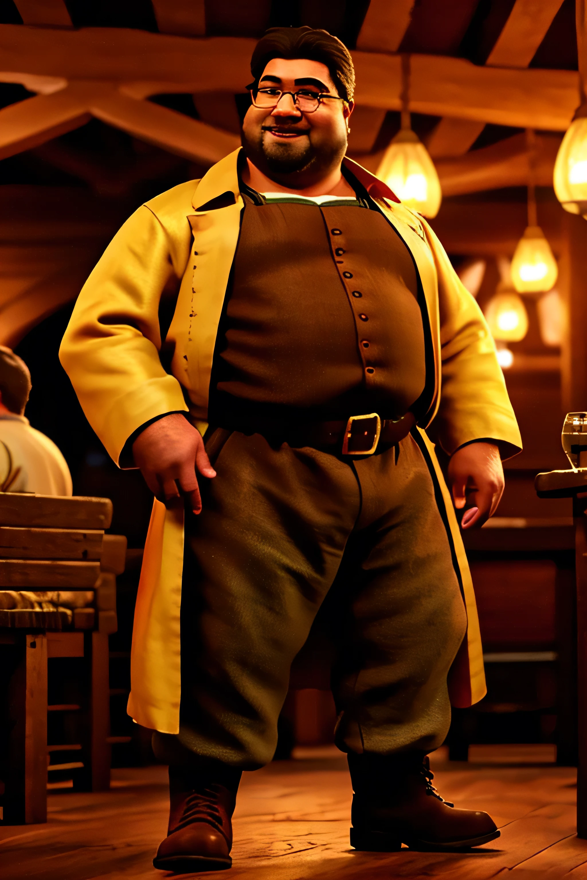 (8K. hyper-realistic, high definition, masterpiece) A tall but obese bard, Handsome fuzzy Asian daddy,, long-legged minstrel, plump-faced, buffed, wearing an green buttoned shirt and a long orange silk trench coat, wearing brown medieval trousers, wearing a thick opulent golden sash, big bulging crotch, long brown hair, smiling, wearing round rimmed glasses, inside a tavern, evening, blurred background.