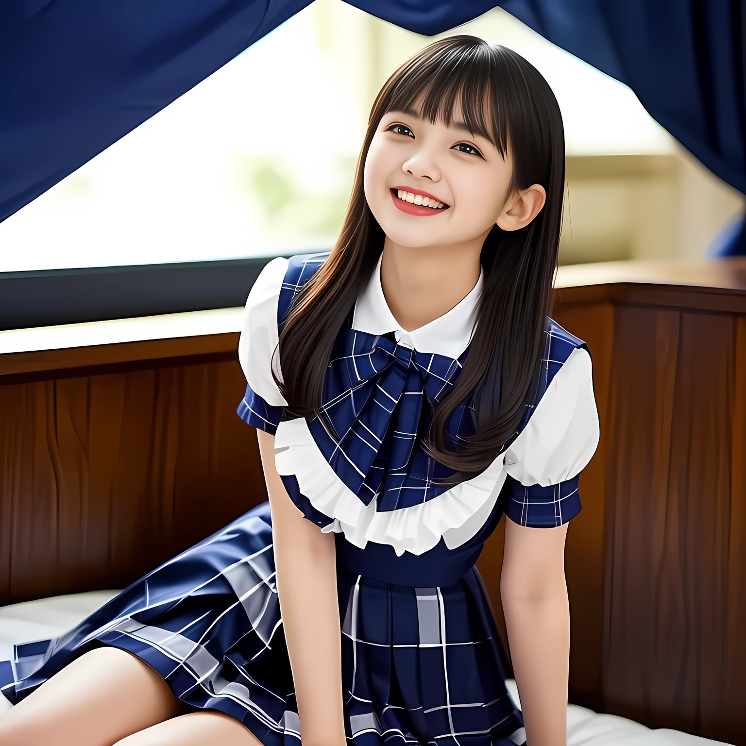 (Highest quality, masterpiece:1.2), Highest quality, High resolution, 1080P, 8k, height: 158cm, (Multiple cute girls: 1.4), (Noble, Japanese 13yo truly-girly-girl is seated on a blue gorgeous bed and smiling directly at me in school uniform, Looking up at me deeply, Hypnotizing me with her cuteness: 1.8), looking at the viewer, well-grown breast and nice style, (well arranged, balanced, neat glossy straight very long hair), (Half-closed, Looking up to me, Very sleepy, Double-deep-eyelids, completely balanced, brown large large dreaming Japanese 12yo eyes with detailed beautifully: 1.6), (Glossy lips: 1.8), (high nose: 1.2), (Rich and long bottom-eye-slashes), (Drives me crazy for her navy-colored neat tartan plaid blue skirts and make me fall into her navy-colored plaid-print pleats skirt: 1.4), (Fine white-face that looks like she has never been out of home: 1.6), (Noble girly feminine frilled frilled clean frilled white girly blouse: 1.6), (Navy pleated plaid skirt: 1.5), (Plain-white big ribbon on the breast), (The background is a hypnotizing blue bed of evil-succubus background: 1.8), (Girl whom everyone loves because of her beauty and neat school fashion and noble manner and magic-charm of succubus: 1.7), full body shot from her head, (jolly face expression), (evenly cut curled glossy rich beautiful bangs: 1.6), (bright light hitting her white-face and skirt clearly beautifully), (Very very large, dreamy, Adorable eyes, Looking deeply at me: 1.5), white-shining skin,  (She is touching and straightening her long hair with her both hands: 1.2), (Open mouth widely: 1.2)