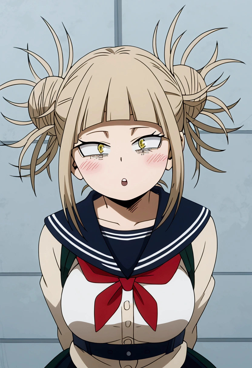 (1girl),(Alone),(Himiko Toga), (Boku no Hero Academia), is a relatively petite, fair-skinned girl who tends to blush and is often described as having a rather pretty face. She has slightly inward-slanting eyes, bright yellow irises, and her pupils are thin slits, making them somewhat cat-like, and her wide mouth is also quite feline, as her upper and lower canines are more pointed. and longer than the rest of the teeth. Her hair is light ash blonde and is styled in two messy buns, with several wild strands sticking out at all angles from their centers and where they are tied up, a straight fringe and two chin-length side bangs to frame her face. (Wearing) low, which gives a sexual sensation, and over the maid uniform it looks like a very short and sensual bra, and she has a big ass and super big breasts, she is super busty and has really big buttocks)/,