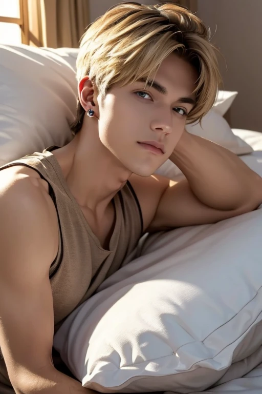 masterpiece, Best Quality, (Perfect Face:1.1), (high detail:1.1),male，Handsome,Blonde，Wolf Cut，Smooth Hair，Grey Eyes，Narrow chin，Earrings，Sleeveless T-shirt，morning，Bedroom，White sheets，Face after waking up，Lying on the bed，Putting my face on the pillow，Sleepy face，Natural Light，Light from the lattice window，Dark Beige Wallpaper，Detailed Background