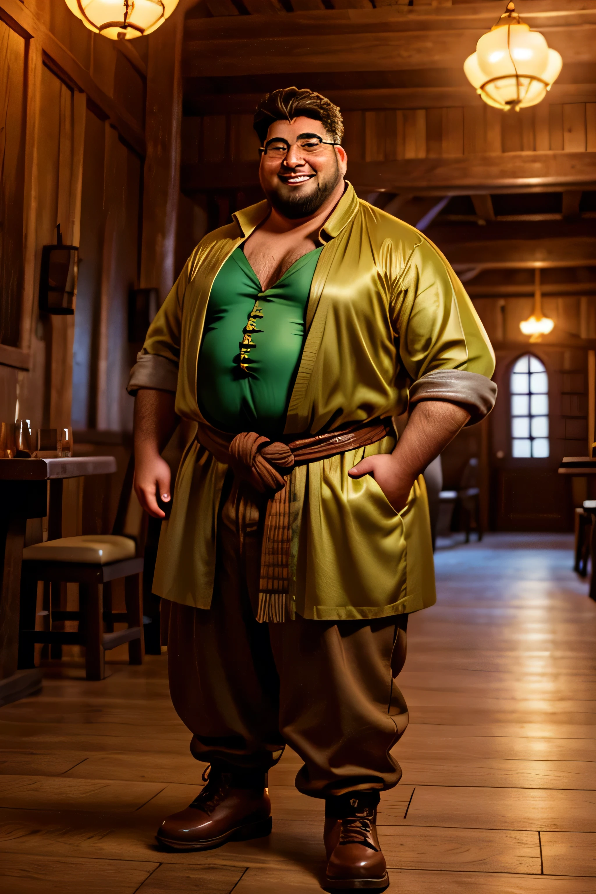 (8K. hyper-realistic, high definition, masterpiece) A tall but obese bard, Handsome fuzzy Asian daddy,, long-legged minstrel, plump-faced, buffed, wearing an green buttoned shirt and a long orange silk trench coat, wearing brown medieval trousers, wearing a thick opulent golden sash, big bulging crotch, long brown hair, smiling, wearing round rimmed glasses, inside a tavern, evening, blurred background.