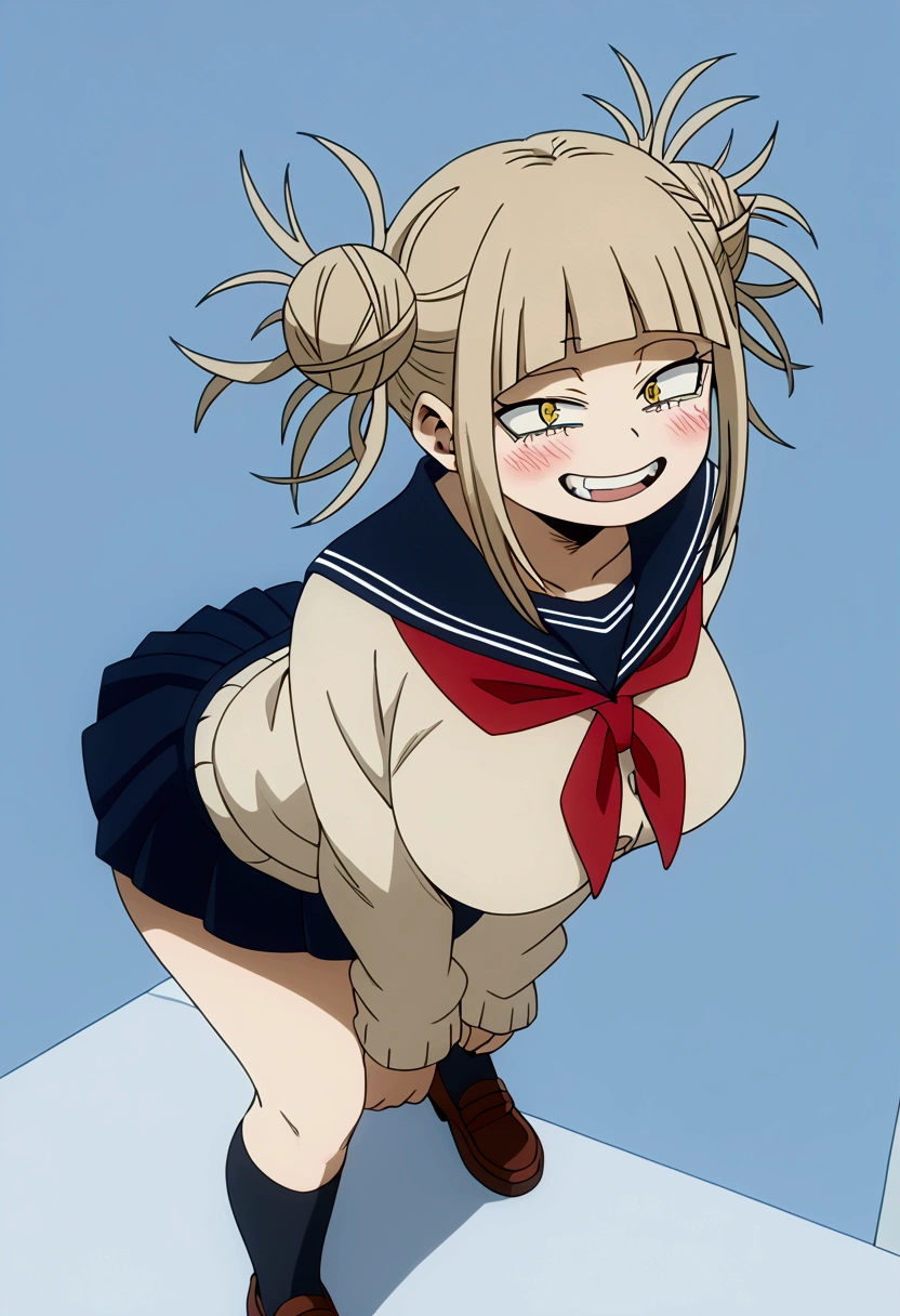 (A girl alone),(girl1),(Himiko Toga is a relatively petite, fair-skinned girl who tends to blush and is often described as having a rather pretty face. She has eyes that are slightly slanted inward, irises that are bright yellow, and her pupils are thin slits, making them somewhat cat-like, and her wide mouth is also quite feline, as her upper and lower canines are more pointed. and longer than the rest of your teeth. Her hair is light ash-blonde and is styled in two messy buns, with several wild strands sticking out at all angles from their centers and where they are tied up, a straight fringe and two chin-length side bangs to frame her face.),(Boku no hero academia),(With physical attributes such as big breasts and ass), (hyper hot: 1.5),(Wearing),+,(She wears the Japanese school uniform, consisting of a white short-sleeved blouse, a short dark blue skirt, and knee-high socks. His mischievous smile reflects his provocative and playful personality.),