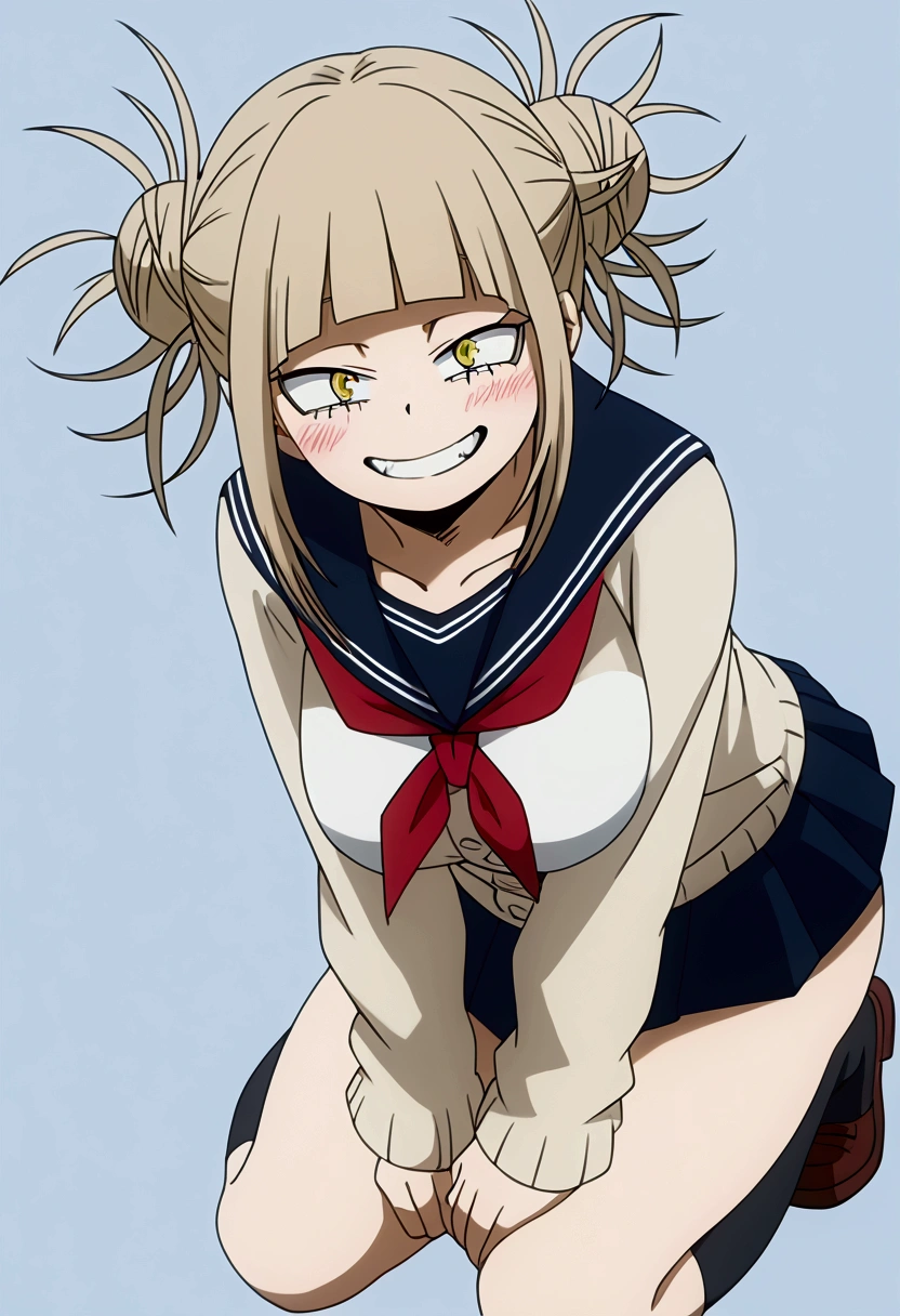 (A girl alone),(girl1),(Himiko Toga is a relatively petite, fair-skinned girl who tends to blush and is often described as having a rather pretty face. She has eyes that are slightly slanted inward, irises that are bright yellow, and her pupils are thin slits, making them somewhat cat-like, and her wide mouth is also quite feline, as her upper and lower canines are more pointed. and longer than the rest of your teeth. Her hair is light ash-blonde and is styled in two messy buns, with several wild strands sticking out at all angles from their centers and where they are tied up, a straight fringe and two chin-length side bangs to frame her face.),(Boku no hero academia),(With physical attributes such as big breasts and ass), (hyper hot: 1.5),(Wearing),+,(She wears the Japanese school uniform, consisting of a white short-sleeved blouse, a short dark blue skirt, and knee-high socks. His mischievous smile reflects his provocative and playful personality.),