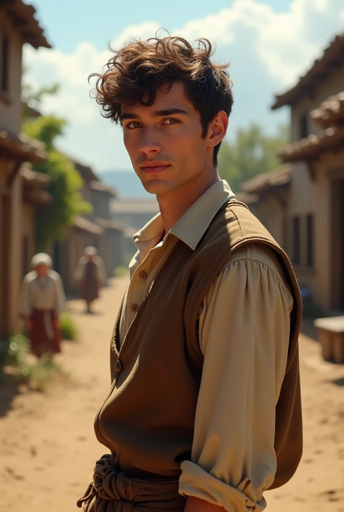 20 year old man, handsome, white skin, slim, gentle face, sweet gaze, smiling expression, detailed black eyes, short hair, curly hair, brown hair, medieval farmer outfit with brown medieval vest, standing in rustic medieval village in bright sunshine, villagers in background, dynamic posture, close-up, side view, (perfect hands, perfect fingers, perfect eyes, extremely detailed skin), ((best quality, 8k, high resolution, masterpiece: 1.2, ultra-detailed)), (((realistic, photorealistic, photorealistic: 1.37))), ((((HDR, UHD, studio lighting, sharp focus, physically based rendering, extremely detailed description, professional, vivid colors, bokeh, cinematic, RAW photos, ultra detailed CG 8k wallpaper)))), concept art