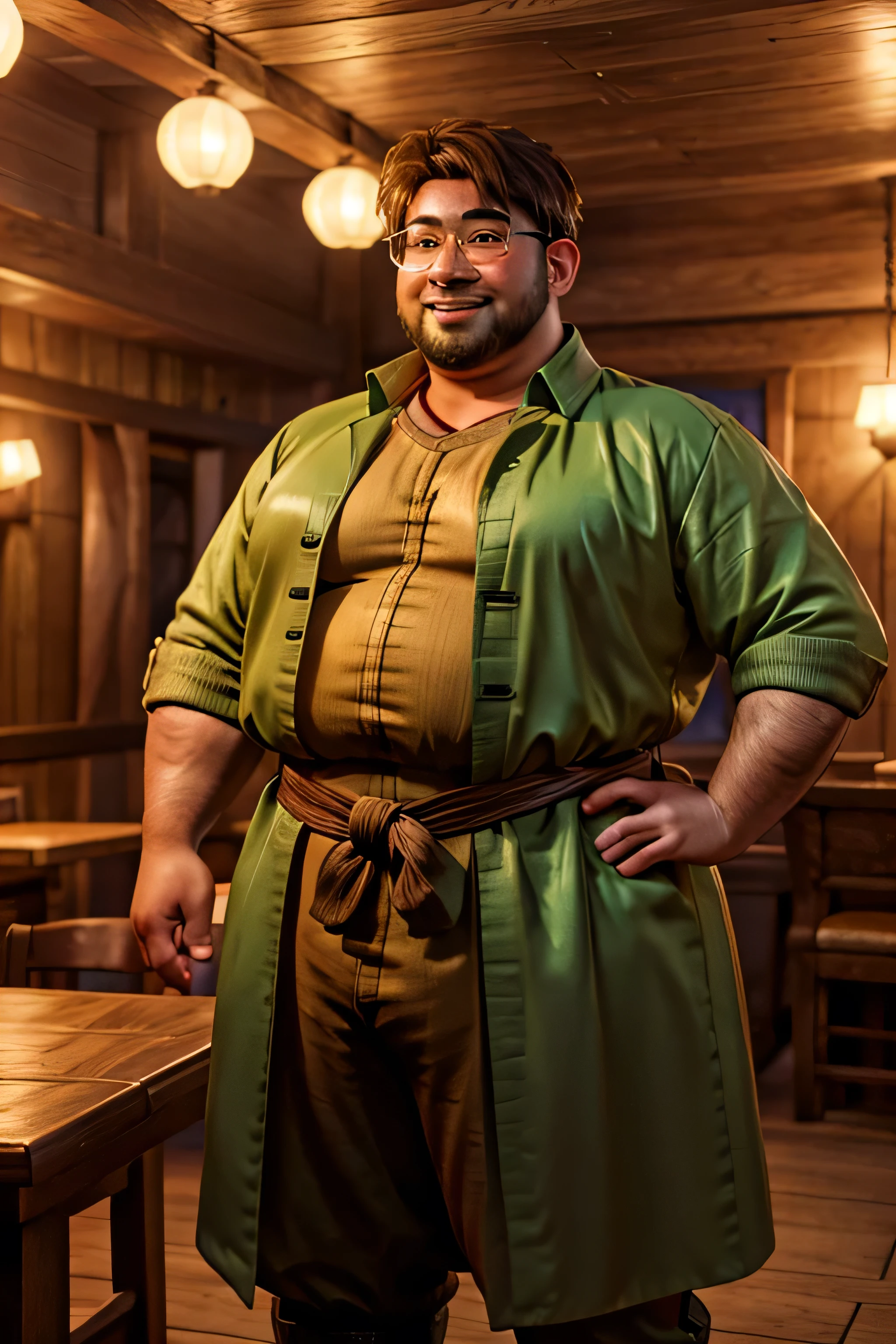 (8K. hyper-realistic, high definition, masterpiece) A tall but obese bard, Handsome fuzzy Asian daddy,, long-legged minstrel, plump-faced, buffed, wearing an green buttoned shirt and a long orange silk trench coat, wearing brown medieval trousers, wearing a thick opulent golden sash, big bulging crotch, long brown hair, smiling, wearing round rimmed glasses, inside a tavern, evening, blurred background.