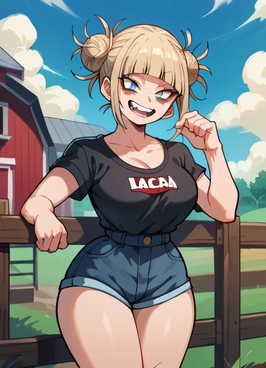 1 woman, Toga Himiko, my hero academia, alone, blonde hair, short hair, big breasts,high resolution, Masterpiece, High details, Blue eyes, farm, big behind, Wide hips, black top