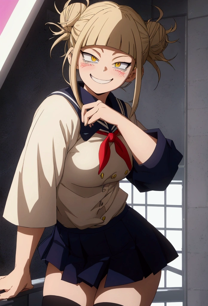 (A girl alone),(girl1),(Himiko Toga is a relatively petite, fair-skinned girl who tends to blush and is often described as having a rather pretty face. She has eyes that are slightly slanted inward, irises that are bright yellow, and her pupils are thin slits, making them somewhat cat-like, and her wide mouth is also quite feline, as her upper and lower canines are more pointed. and longer than the rest of your teeth. Her hair is light ash-blonde and is styled in two messy buns, with several wild strands sticking out at all angles from their centers and where they are tied up, a straight fringe and two chin-length side bangs to frame her face.),(Boku no hero academia),(With physical attributes such as big breasts and ass), (hyper hot: 1.5),(Wearing),+,(She wears the Japanese school uniform, consisting of a white short-sleeved blouse, a short dark blue skirt, and knee-high socks. His mischievous smile reflects his provocative and playful personality.),(illustration high-resolution 8k textures vibrant colors contrasting lighting stylized anime art anime-inspired digital painting) 