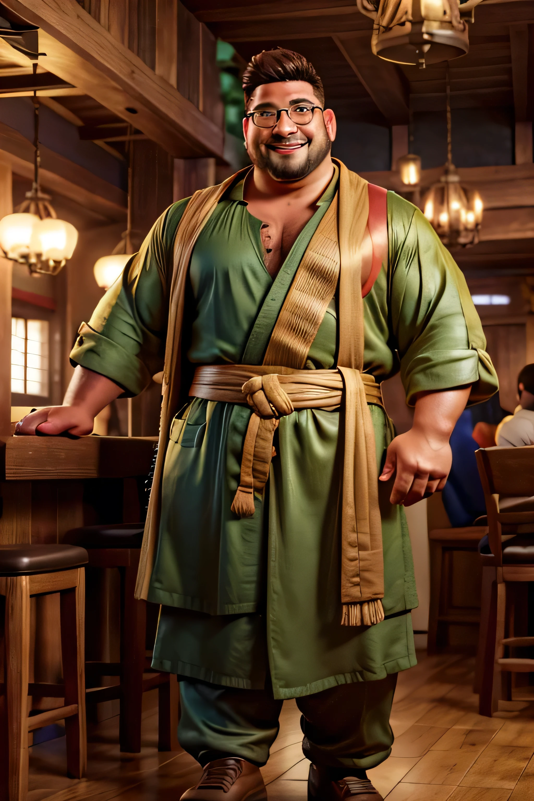 (8K. hyper-realistic, high definition, masterpiece) A tall but obese bard, Handsome fuzzy Asian daddy,, long-legged minstrel, plump-faced, buffed, wearing an green buttoned shirt and a long orange silk trench coat, wearing brown medieval trousers, wearing a thick opulent golden sash, big bulging crotch, long brown hair, smiling, wearing round rimmed glasses, inside a tavern, evening, blurred background.