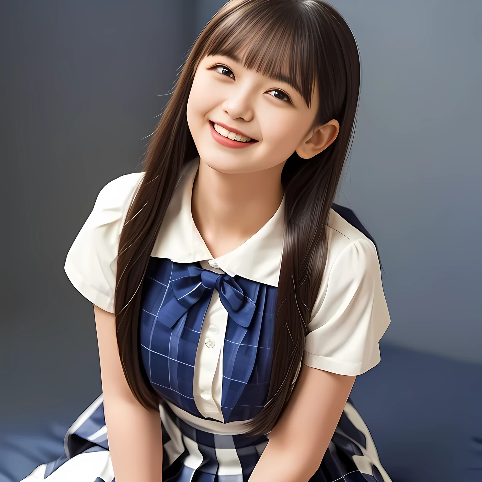 (Highest quality, masterpiece:1.2), Highest quality, High resolution, 1080P, 8k, height: 158cm, (Multiple cute girls: 1.4), (Noble, Japanese **** truly-girly-girl is seated on a blue gorgeous bed and smiling directly at me in school uniform, Looking up at me deeply, Hypnotizing me with her cuteness: 1.8), looking at the viewer, well-grown breast and nice style, (well arranged, balanced, neat glossy straight very long hair), (Half-closed, Looking up to me, Very sleepy, Double-deep-eyelids, completely balanced, brown large large dreaming Japanese **** eyes with detailed beautifully: 1.6), (Glossy lips: 1.8), (high nose: 1.2), (Rich and long bottom-eye-slashes), (Drives me crazy for her navy-colored neat tartan plaid blue skirts and make me fall into her navy-colored plaid-print pleats skirt: 1.4), (Fine white-face that looks like she has never been out of home: 1.6), (Noble girly feminine frilled frilled clean frilled white girly blouse: 1.6), (Navy pleated plaid skirt: 1.5), (Plain-white big ribbon on the breast), (The background is a hypnotizing blue bed of evil-succubus background: 1.8), (Girl whom everyone loves because of her beauty and neat school fashion and noble manner and magic-charm of succubus: 1.7), full body shot from her head, (jolly face expression), (evenly cut curled glossy rich beautiful bangs: 1.6), (bright light hitting her white-face and skirt clearly beautifully), (Very very large, dreamy, Adorable eyes, Looking deeply at me: 1.5), white-shining skin,  (She is touching and straightening her long hair with her both hands: 1.2),  (Open mouth like soprano singer: 1.5)