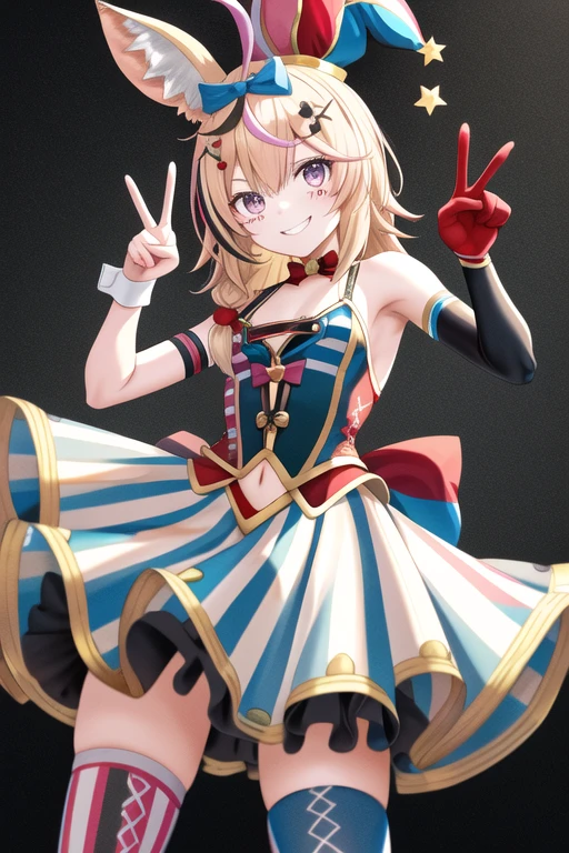 masterpiece, best quality, highres, op1, animal ears, hairclip, streaked hair, hair bow, jester cap, fox tail, thighhighs, navel cutout, mismatched legwear, elbow gloves, red glove, bare shoulders, vertical stripes, skirt, cowboy shot, standing, smile, circus, peace sign