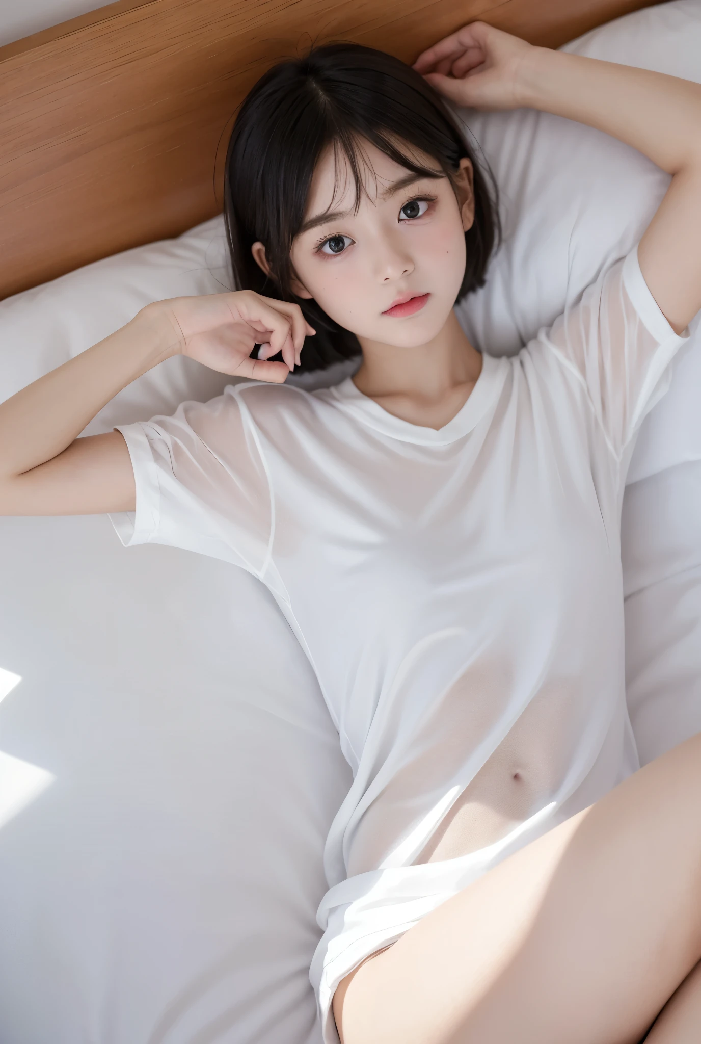 Sleeping Beautiful Girl、A look of relief、22year old、white t-shirts、Denim miniskirt)))、((White panties are slightly visible))、Female college student、Legs open、Sleep in bed、