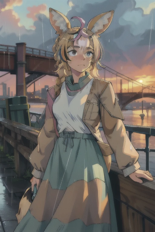 masterpiece, 1girl, solo, op1, animal ears, fox tail, streaked hair, brown jacket, white shirt, long sleeves, long skirt, jewelry, green skirt, tired bored face, evening, city, bridge, rain, clouds, depression, dark, sunset, leaning on the parapet