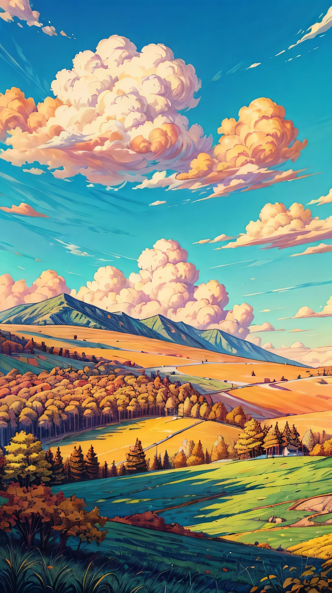 (landscape), A hillside with patches of orange and yellow trees, under a clear, blue autumn sky, amazing sky, amazing clouds, beautiful sky, beautiful clouds, colored sky, high qualitity sky, a lot of clouds