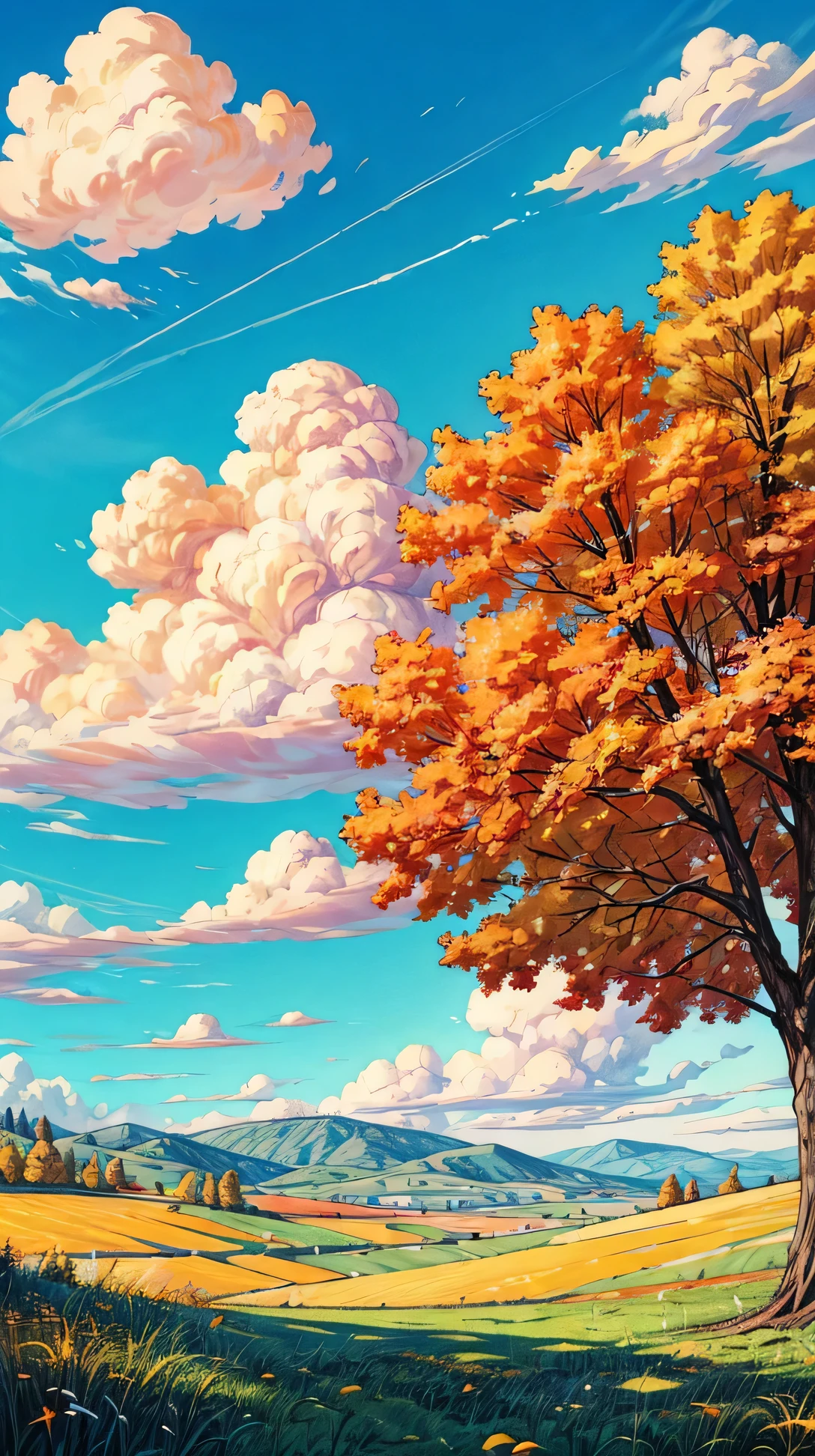 (landscape), A hillside with patches of orange and yellow trees, under a clear, blue autumn sky, amazing sky, amazing clouds, beautiful sky, beautiful clouds, colored sky, high qualitity sky, a lot of clouds