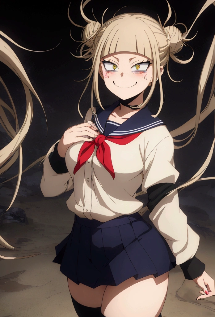 
(A girl alone),(girl1),(Himiko Toga is a relatively petite, fair-skinned girl who tends to blush and is often described as having a rather pretty face. She has eyes that are slightly slanted inward, irises that are bright yellow, and her pupils are thin slits, making them somewhat cat-like, and her wide mouth is also quite feline, as her upper and lower canines are more pointed. and longer than the rest of your teeth. Her hair is light ash-blonde and is styled in two messy buns, with several wild strands sticking out at all angles from their centers and where they are tied up, a straight fringe and two chin-length side bangs to frame her face.),(Boku no hero academia),(With physical attributes such as big breasts and ass), (hyper hot: 1.5),(Wearing),+,(She wears the Japanese school uniform, consisting of a white short-sleeved blouse, a short dark blue skirt, and knee-high socks. His mischievous smile reflects his provocative and playful personality.),(illustration high-resolution 8k textures vibrant colors contrasting lighting stylized anime art anime-inspired digital painting),+