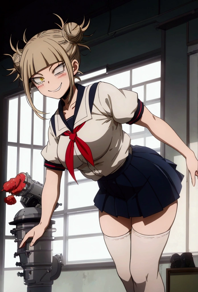 
(A girl alone),(girl1),(Himiko Toga is a relatively petite, fair-skinned girl who tends to blush and is often described as having a rather pretty face. She has eyes that are slightly slanted inward, irises that are bright yellow, and her pupils are thin slits, making them somewhat cat-like, and her wide mouth is also quite feline, as her upper and lower canines are more pointed. and longer than the rest of your teeth. Her hair is light ash-blonde and is styled in two messy buns, with several wild strands sticking out at all angles from their centers and where they are tied up, a straight fringe and two chin-length side bangs to frame her face.),(Boku no hero academia),(With physical attributes such as big breasts and ass), (hyper hot: 1.5),(Wearing),+,(She wears the Japanese school uniform, consisting of a white short-sleeved blouse, a short dark blue skirt, and knee-high socks. His mischievous smile reflects his provocative and playful personality.),(illustration high-resolution 8k textures vibrant colors contrasting lighting stylized anime art anime-inspired digital painting),+