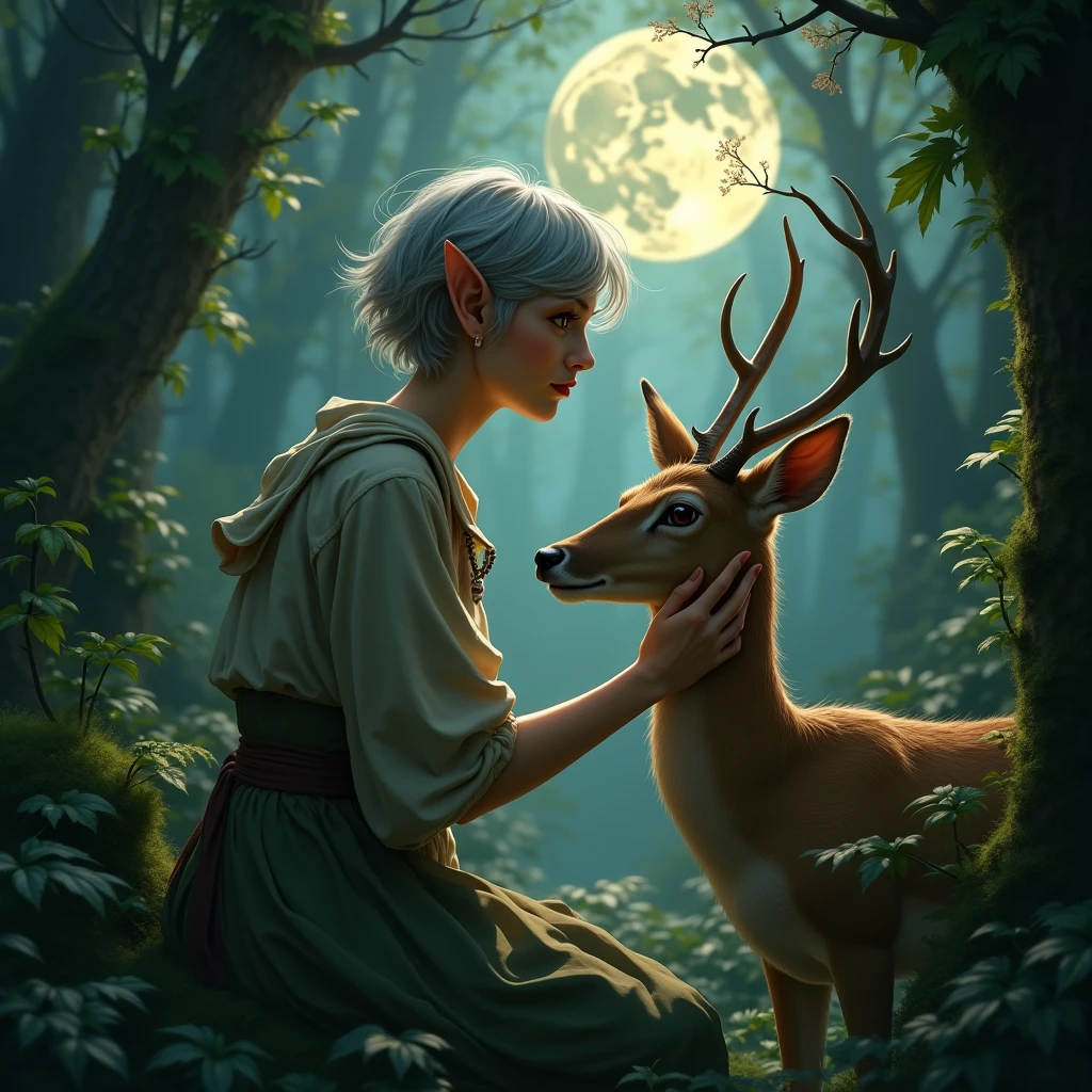 Short haired female elf、middle ages、Fantasy、Fantasy、Mysterious、In the forest、moon、Petting a deer