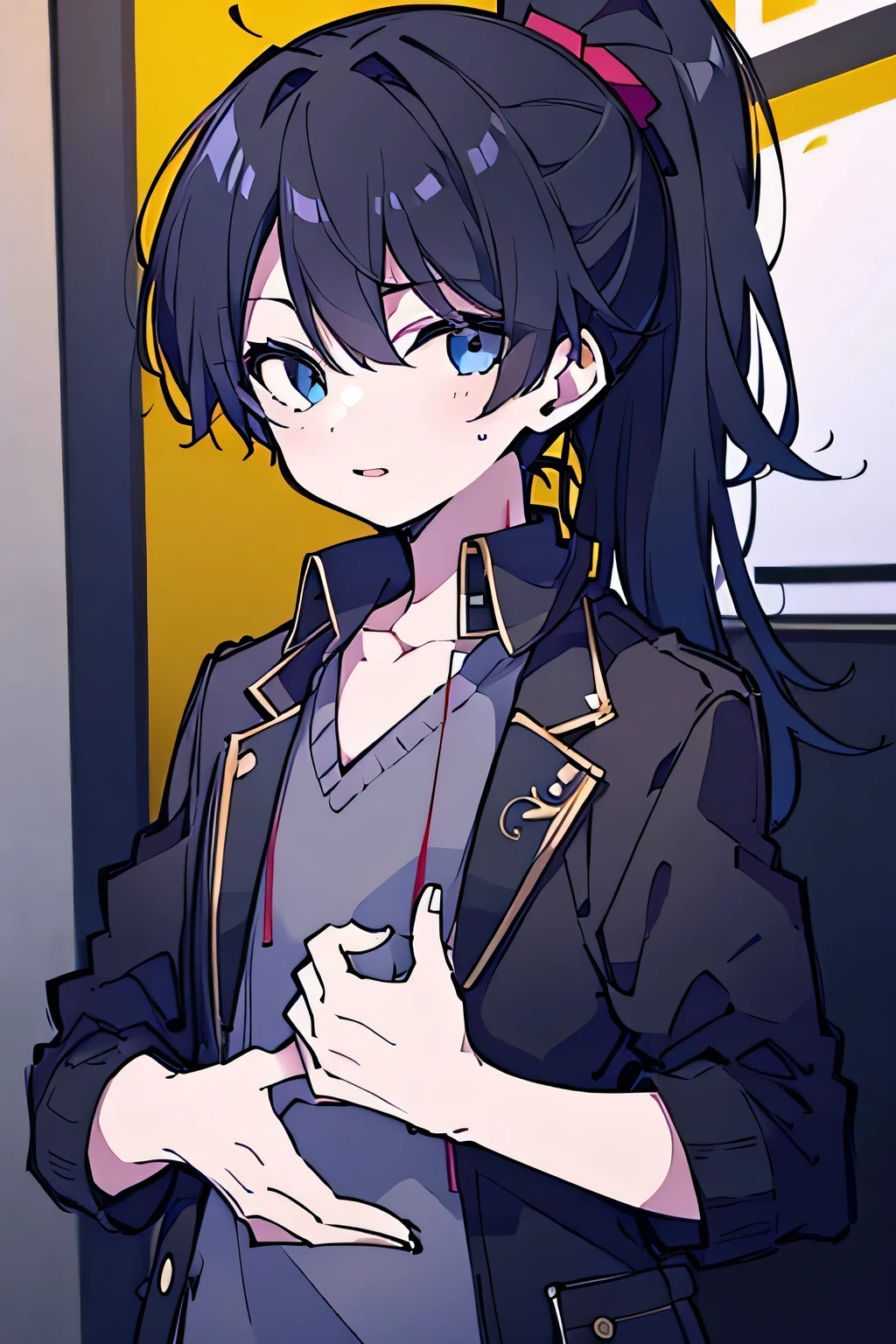 Screencap, Boy With black hair in a ponytail, blue eyes and stylish clothes 