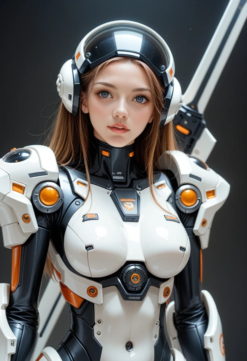 A woman, beautiful face, brown eyes, dark brown updo hair, mecha body, show big thigh. (white, gold, dark blue). Ahegao. best quality, masterpiece, Ultra high detail, 8k. Detail face, detail skin texture.