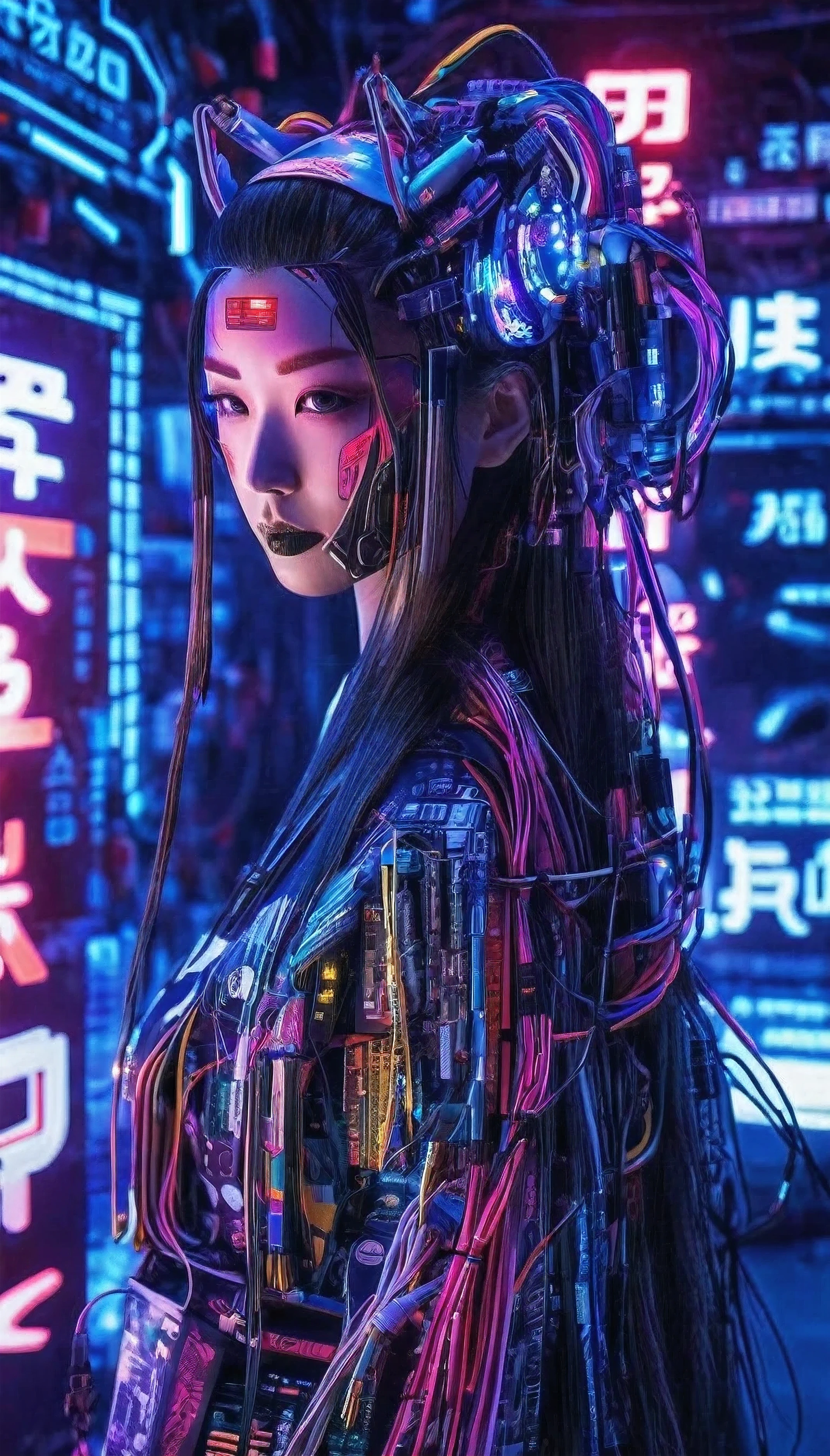 High technology, futuristic, cyborg girl, (photorealistic:1.4), long hair made of cables, robotic, lots of computer cables in the bacground, ultra high res, uhd, 8k, neon lights, japanese culture, kimono, jspanese demon