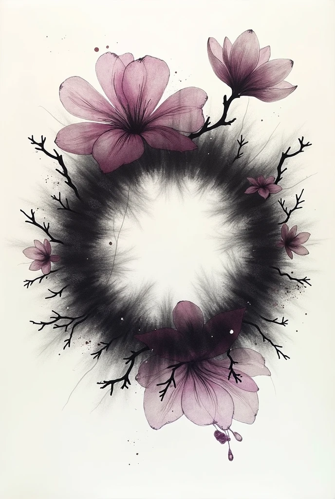 volume, perspective, water, inked, Collage , Overlay Layers , flower ring branch, images with different meanings , expression, 
black,plum, gray,  single dark background, Minimalism,cobweb, coal, chalk, blob, hdr, 32K