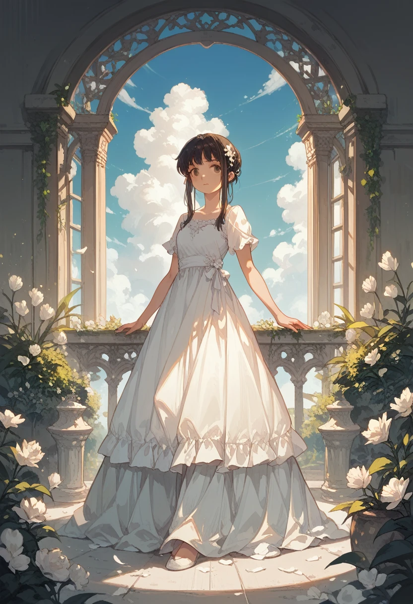 Nadeshiko Kinomoto Wearing a beautiful white dress and Holden white tulips. It is a nice sunny day, And there are clouds And it is a day. Full body