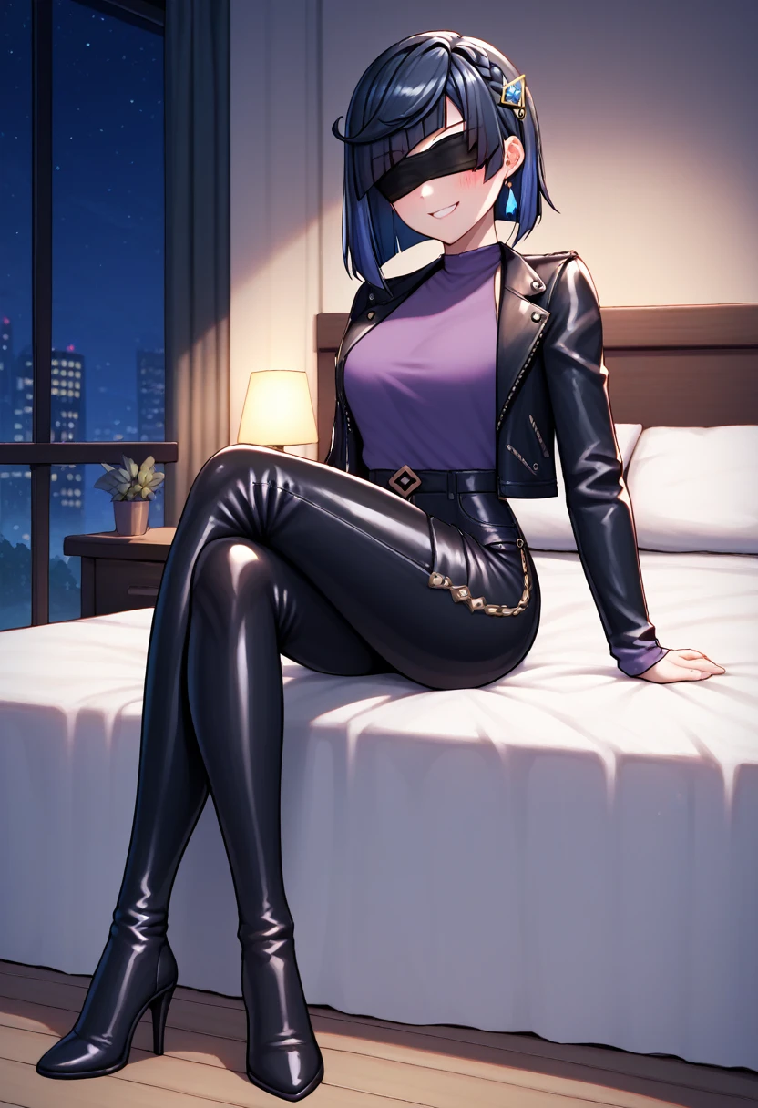 score_9, score_8_up, score_7_up, score_6_up, score_5_up, score_4_up, source_anime, 1girl,yelandef, upper body, smile, blush, dark hair, low dark blue hair, blindfold, clean hair, leather jacket, purple shirt, leather pants, hairpin, black thigh high boots, heels, crossed legs, evening, room, bed, looking at the viewer, night, best quality, best res, 4K UHD,
 