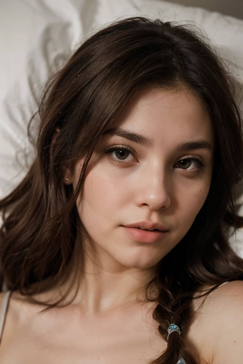 (best quality,ultra HD,realistic:1.2),pretty woman, tank top, not feeling well, tired, high fever, lying in bed,selfie POV,ultra-detailed,vivid colors