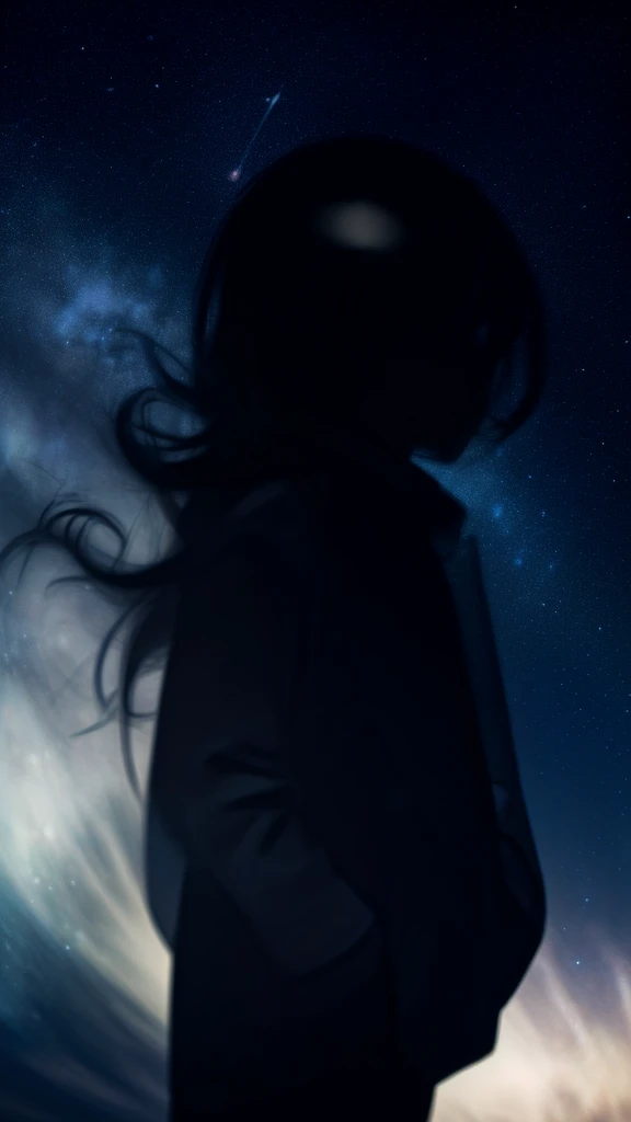 
Many stars shine in the winter sky, Taken with a long exposure、A starry sky with many circular orbits, The silhouette of a young woman with long hair、He puts his hands in his coat pockets and looks up at the sky, Photo taken from a distance, The photo below