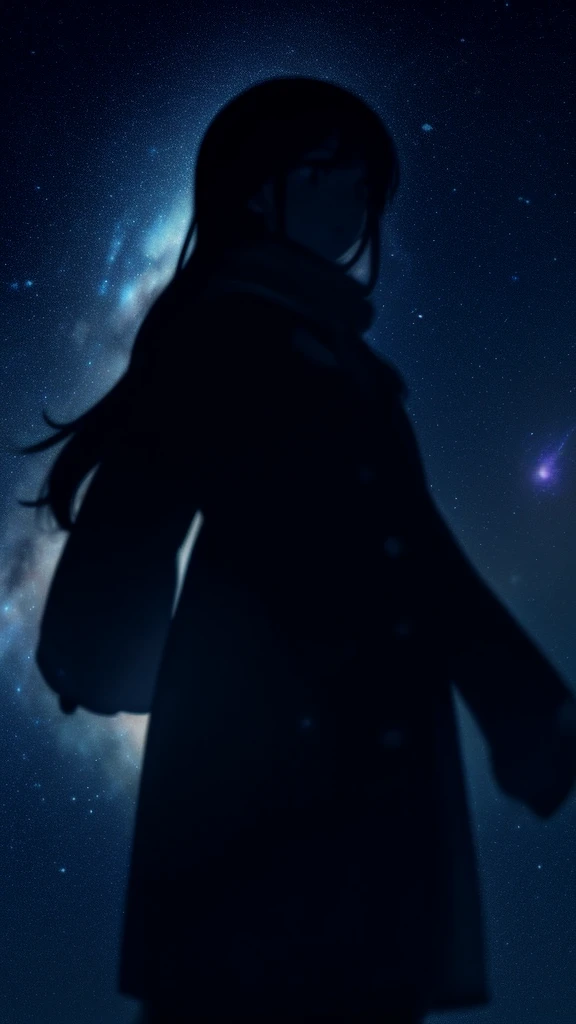 
Many stars shine in the winter sky, Taken with a long exposure、A starry sky with many circular orbits, The silhouette of a young woman with long hair、He puts his hands in his coat pockets and looks up at the sky, Photo taken from a distance, The photo below