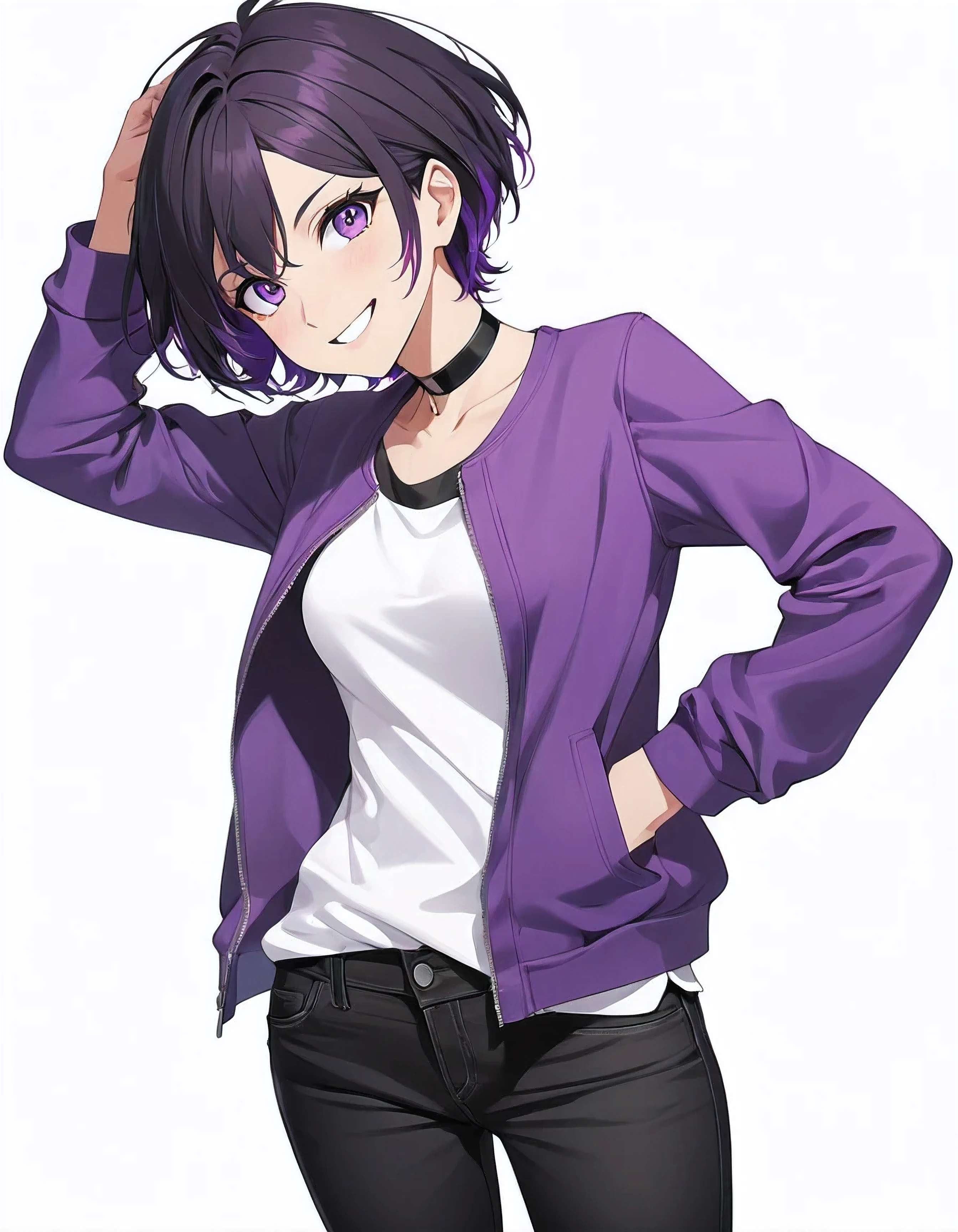 High-resolution anime digital art, Masterpiece, full body, tomboy, mature, sexy, smart, short hair color pitch black, real detail eyes pupil purple, long purple plain jacket, black chokers, black jeans pants, Happy face, Standing dynamic pose. (simple background, white background)