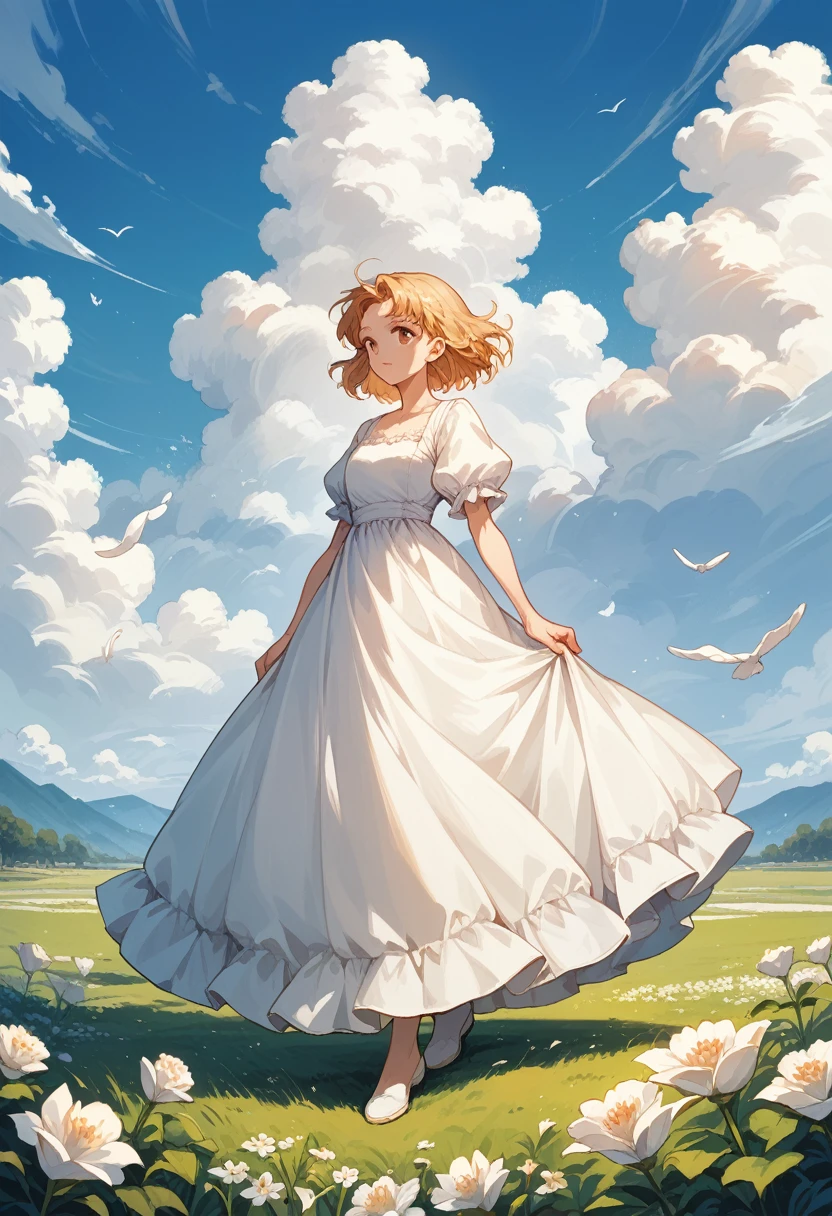 Nadeshiko Kinomoto from Cardcaptor Sakura Wearing a beautiful white dress and Holden white tulips. It is a nice sunny day, And there are clouds And it is a day. Full body