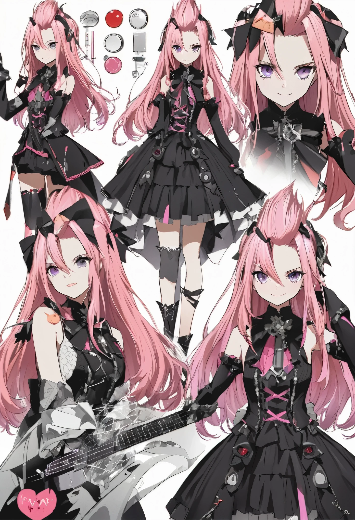 NADIA RAYNE, BLUE EYES, PINK HAIR, TWINTAILS, LONG HAIR, VERY LONG HAIR, PINK DRESS, BLACK LACE SLEEVES, WHITE BELT, RED MINISKIRT, BLACK BOOTS, BLACK THIGHHIGH BOOTS, GREEN RIBBON, GREEN NECKWEAR,