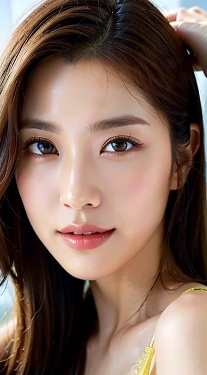 (Photorealistic: 1.4), Masterpiece, Ultra High Resolution, RAW Photo, Best Quality, (Smile with Teeth: 10.0), (Sexy: 1.4), Raw Photo, Japan Beautiful Wife, (Small Face: 3.0), (Cute: 3.0), (Blush Pink: 3.0), (Eyes Downed: 5.0), (Large, Round Eyes: 3.0), (Moisturized Eyes: 3.0), ( Upper eye on camera: 3.0), figure eight with double-down eyebrows, white skin with makeup, short hair, lying on his back on the bed,