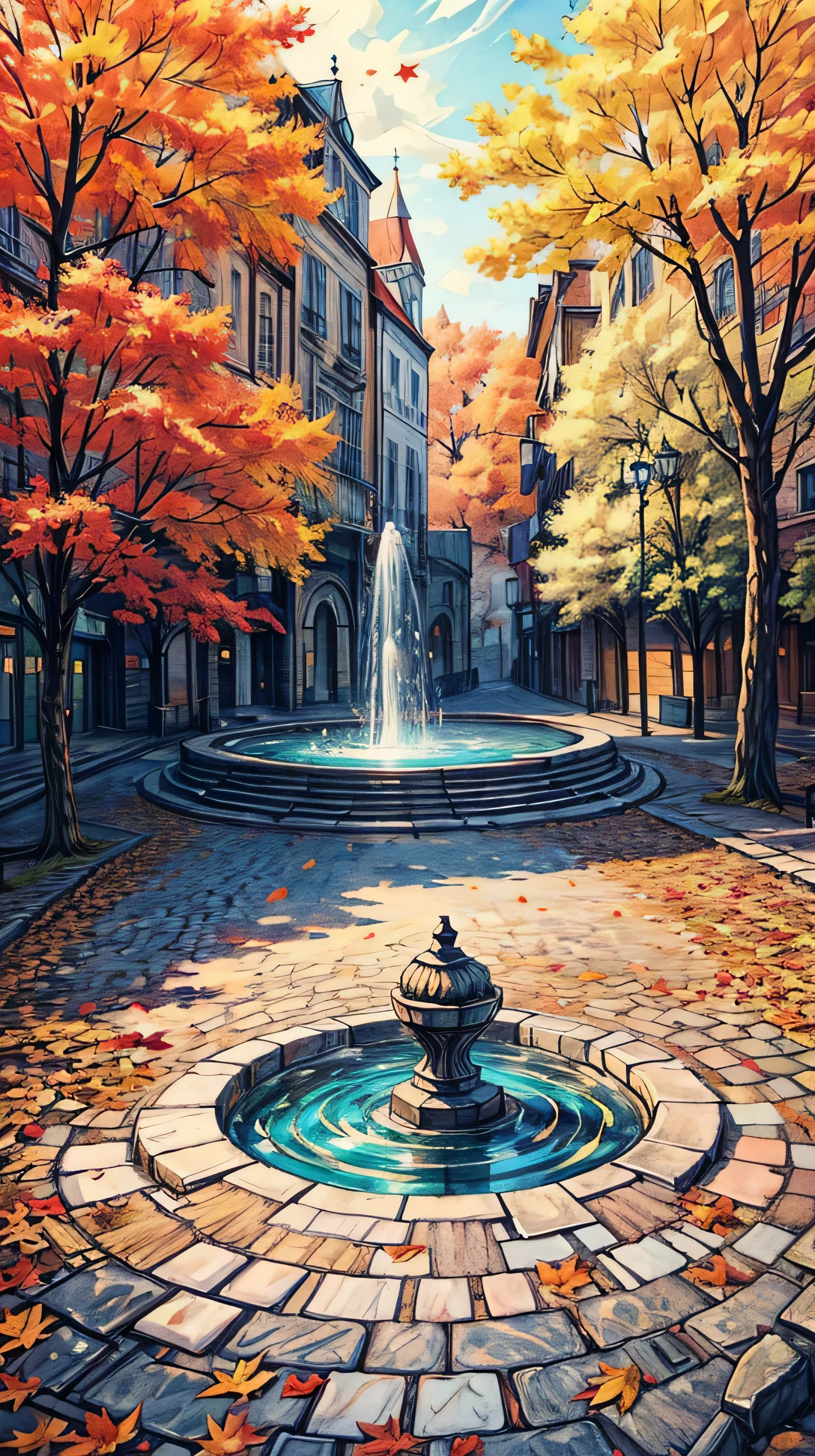 (landscape), An empty town square with an old stone fountain at its center, autumn leaves scattered across the cobblestones.